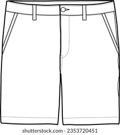 Chino short pant technical drawing. Men's chino shorts flat sketch fashion illustration with front view.