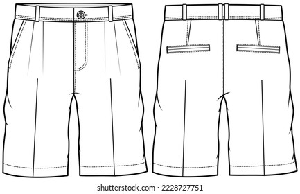 chino shorts flat sketch vector illustration men's short chino pant front and back view technical cad drawing template