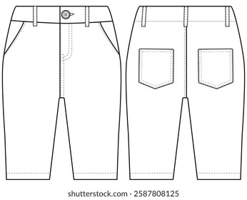 Chino trousers. baby Boys boyes formal trouser pant vector front and back view flat sketch fashion  vector illustration