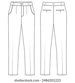 Pantalón chino. Pantalón formal de los hombres vista delantera y trasera dibujo plano ilustración de moda, boceto técnico de Vector. Plantilla de maqueta.