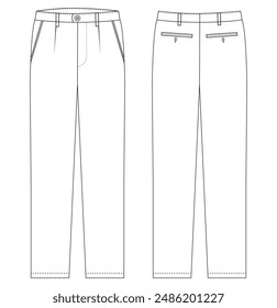 Chino trousers. Men's formal trouser pant front and back view flat sketch fashion illustration, Vector technical sketch. Mockup template.