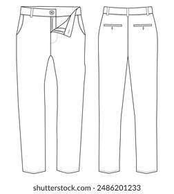 Pantalón chino. Pantalón formal de los hombres vista delantera y trasera dibujo plano ilustración de moda, boceto técnico de Vector. Plantilla de maqueta.