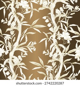 Chinoiserie bamboo seamless pattern with elegant floral branches and delicate blossoms on rich golden background. Refined oriental composition inspired by traditional Asian art. Perfect for luxury wallpaper, textile, fabric prints and sophisticated interior decor.