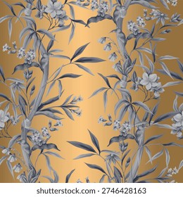 Chinoiserie bamboo seamless pattern with elegant floral branches and delicate blossoms on rich golden background. Refined oriental composition inspired by traditional Asian art. Perfect for luxury wallpaper, textile, fabric prints and sophisticated interior decor.