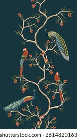 Chinoiserie berry trees, peacock, parrot bird seamless border. Oriental wallpaper.	