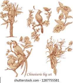 Chinoiserie big set. Vector ink illustrations. Oriental vector design for textile, scrapbooking, background and other design. Black and white. Elements for rococo design.