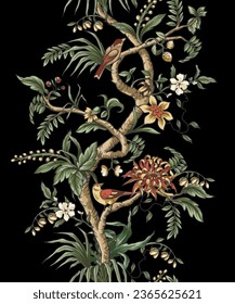 Chinoiserie border with branches, flowers and birds. Vector