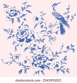 Chinoiserie botánica vintage arte de línea, impresión floral victoriana, garabatos de Vector contemporáneo