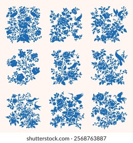 Chinoiserie botanical vintage line art, Victorian floral print, vector doodles contemporary