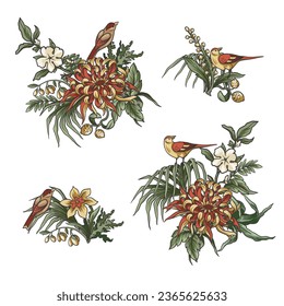 Chinoiserie elements such as branches, flowers and birds isolated. Vector