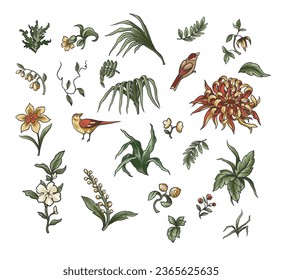 Chinoiserie elements such as branches, flowers and birds isolated. Vector