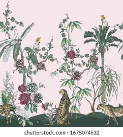 Chinoiserie Floral Garden Panorama View Exotic Wallpaper Tropical Plants Palms and Roses, Wildlife Leopard, Parrots in Tropical Jungle on Pink Background
