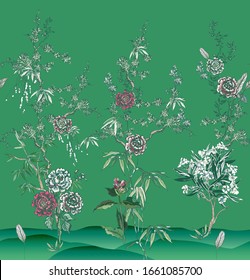 Chinoiserie Floral Seamless Border Exotic Flowers Blooming Trees on Green Background, Oriental Mural