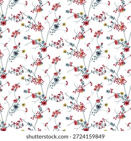 Chinoiserie Floral Sem Costura Padrão, Delicado Vermelho e Azul Wildflower em galhos finos para artigos de papelaria de luxo e decoração de casa macia