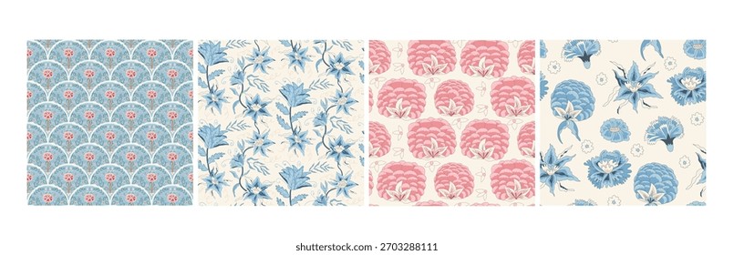 Colección de patrón sin fisuras de flores de Chinoiserie. Conjunto de fondos sin fin floral de chintz indio. La peonía de Chintz repite la cubierta. Ornamento continuo botánico retro de la tela. Fondo de flores silvestres de Vector.