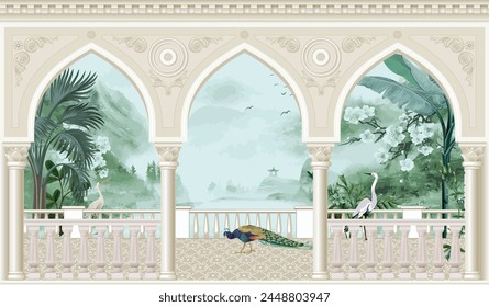 Chinoiserie garden, arch, peacock landscape wallpaper. Mural art beautiful tree and leaves tropical wallpaper.