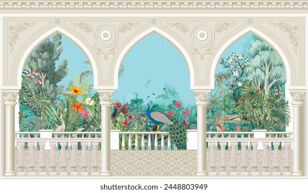 Chinoiserie Garten, Bogen, Pfauenlandschaft Bildschirmhintergrund. Wandbild Kunst wunderschöner Baum und Blätter tropischen Bildschirmhintergrund.