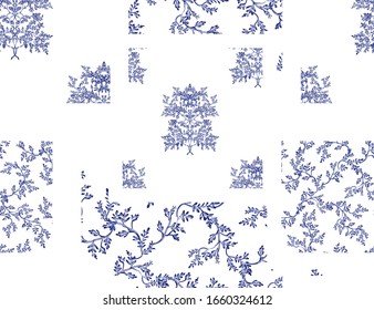 Chinoiserie hand drawn vector pattern with floral elements, branches, trees. Vintage patch for scarfs, print, fabric, embroidery. Isolated on white background