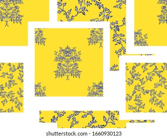 Chinoiserie hand drawn vector pattern with floral elements, branches, trees. Vintage patch for scarfs, print, fabric, embroidery. Isolated on yellow background