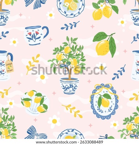 Chinoiserie Lemon Pattern, Vintage Blue Botanical Kitchen Art, Seamless Citrus Garden Decor