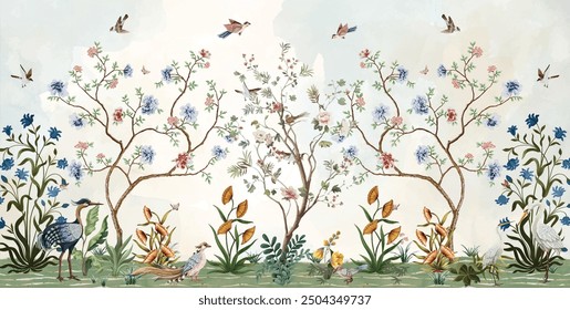 Chinoiserie Magnolia Mural, diseño mural tropical, pájaros, árboles de acuarela.