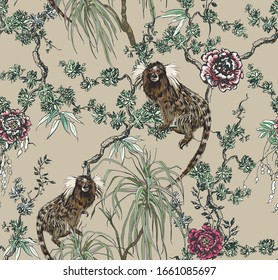 Chinoiserie Monkeys in Floral Trees, Oriental Wallpaper Chinese Rose Flowers, Wildlife Animals in Blooming Plants, Vintage Drawing