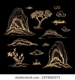 Chinoiserie mountain landscape isolated. Vector