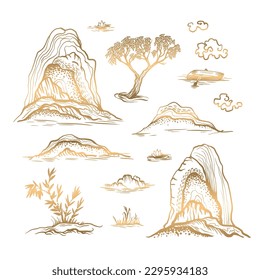 Chinoiserie Berglandschaft nahtloses Muster. Vektorgrafik.
