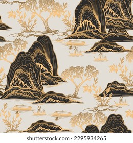 El paisaje de montaña Chinoiserie es un patrón ininterrumpido. Vector