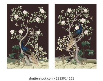 Mural de Chinoiserie con pavos reales y flores. Vector