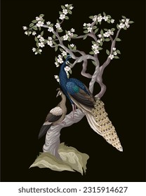 Chinoiserie mural with peacocks and flowers trees. Vector