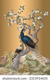 Chinoiserie mural with peacocks and flowers trees. Vector