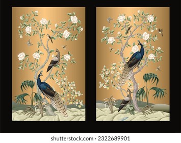 Chinoiserie mural with peacocks and flowers trees. Vector