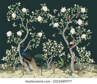 Mural de Chinoiserie con pavos reales y flores. Vector