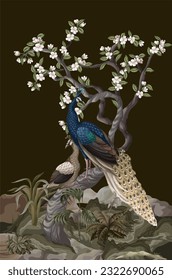 Chinoiserie mural with peacocks and flowers trees. Vector
