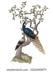 Chinoiserie mural with peacocks and flowers trees. Vector