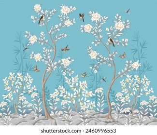 Chinoiserie mural with peonies and birds. Vector