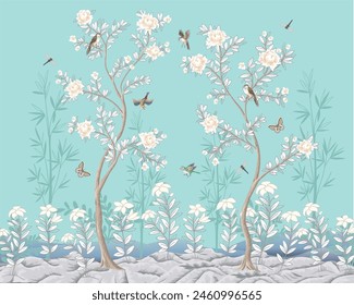 Mural Chinoiserie con peonías y pájaros. Vector