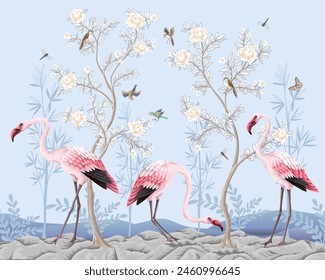 Chinoiserie mural with peonies and flamingos. Vector