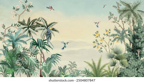 Chinoiserie Mural Wallpaper - Timeless Elegance Design, Watercolor Background, Birds.