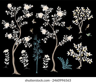 Chinoiserie peonías árboles y pájaros aislados. Vector