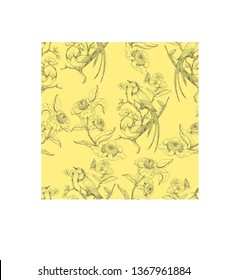 Chinoiserie and rococo hand drawing pattern with flowers and birds. Vector illustration. Wallpaper, textile and background design. Yellow background.