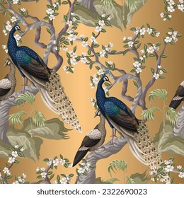 Chinoiserie seamless pattern with peacocks and flowers trees. Vector