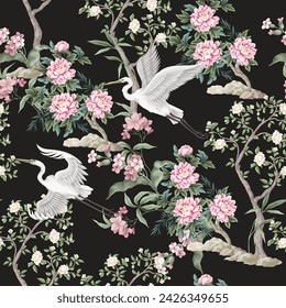 Chinoiserie seamless pattern with peonies trees and herond. Vector