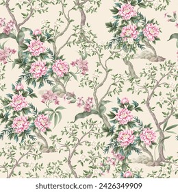 Chinoiserie seamless pattern with peonies trees and flowers. Vector