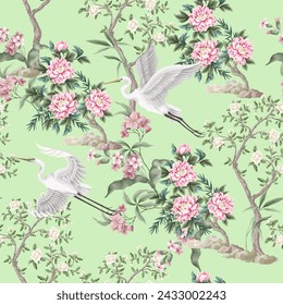 Chinoiserie seamless pattern with peonies trees and herons. Vector