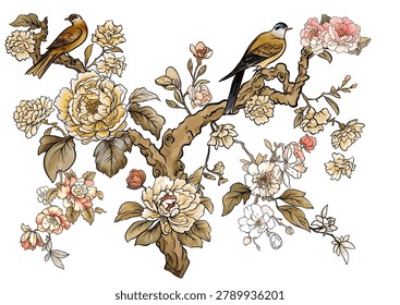 Chinoiserie set of floral and bird elements with branches, blossoms, leaves, and decorative botanical details. Ideal for creating seamless patterns, invitations, stickers, and elegant vintage designs.