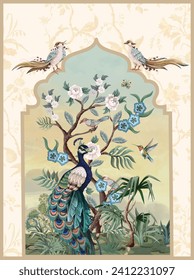 chinoiserie style with peacock and peonies on golden background. Mughal Arch with watercolor background.