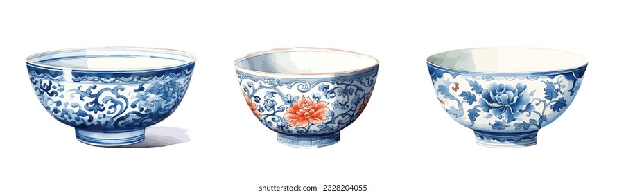 Chinoiserie tazón chino tradicional de porcelana de cerámica para la cena vajilla en acuarela ilustración