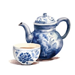 Chinoiserie Traditional China Tea Pot And Tea Cup In Watercolor